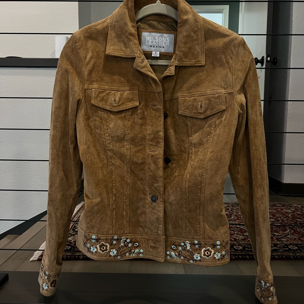 Wilsons Leather Tan Jacket with Floral Embroidery